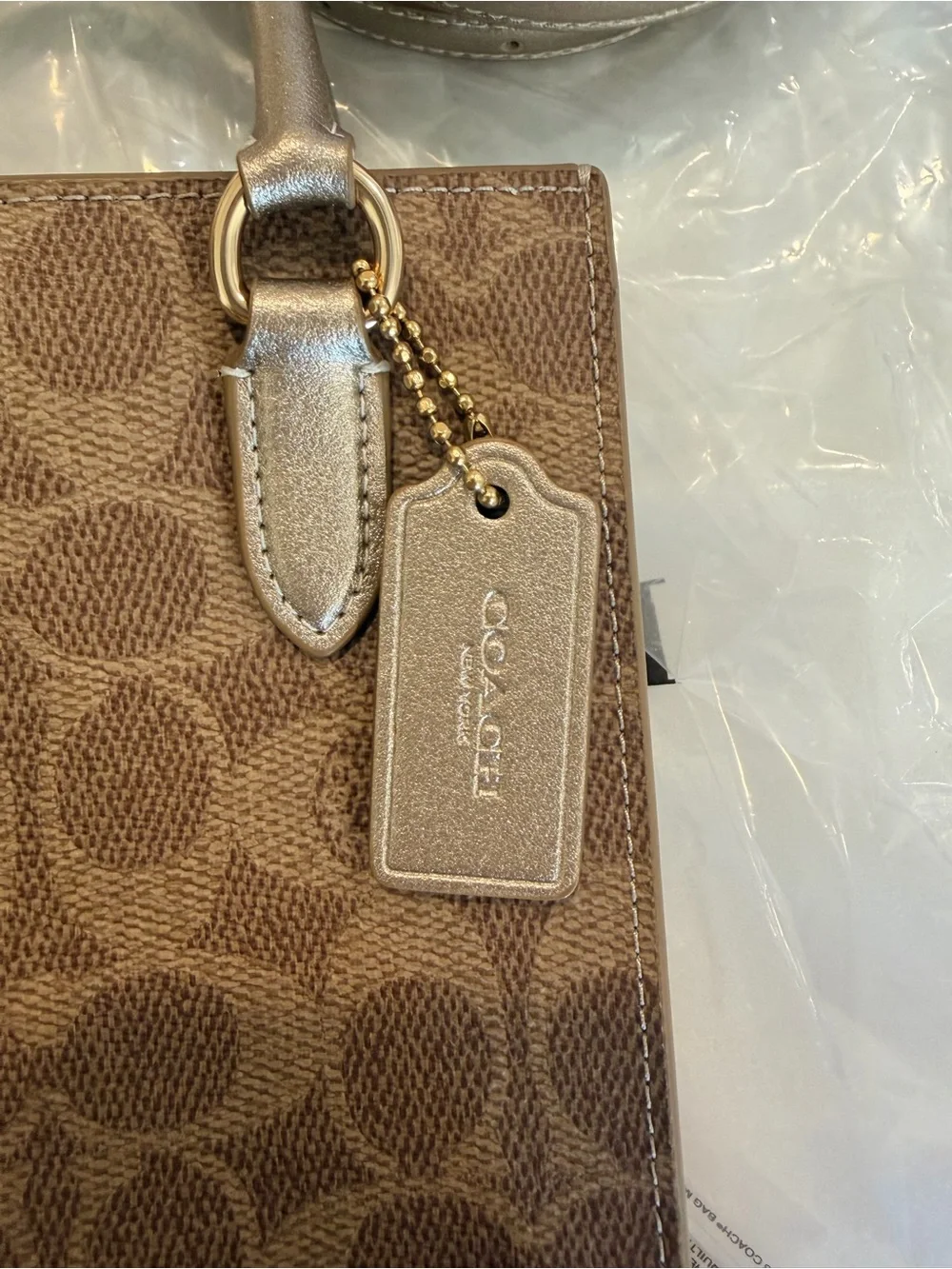 Coach Brown Signature Mini Tote with Metallic Tan Handles